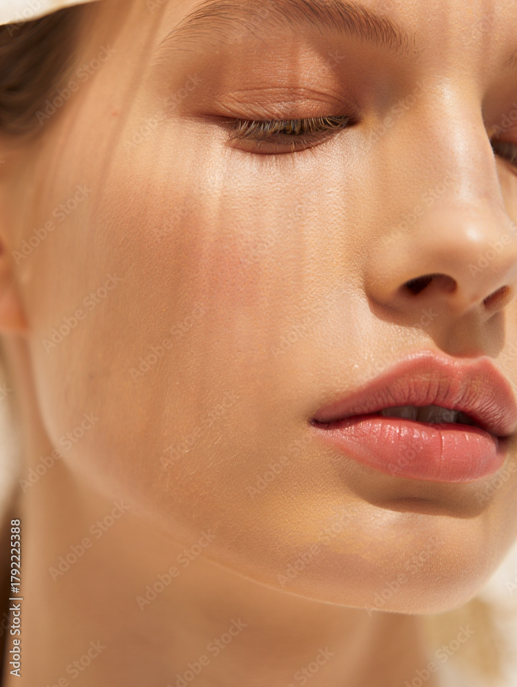 Fototapeta premium Close-up of a woman's face with closed eyes, highlighting natural, glowing skin and soft lips under striped shadows. Perfect for beauty, wellness, or skincare themes, conveying serenity and natural ra