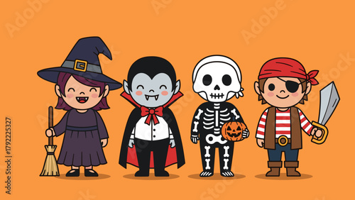 Adorable Cartoon Halloween Characters: Cute Witch, Vampire, Skeleton, and Pirate in Festive Costumes for Spooky Season Celebrations