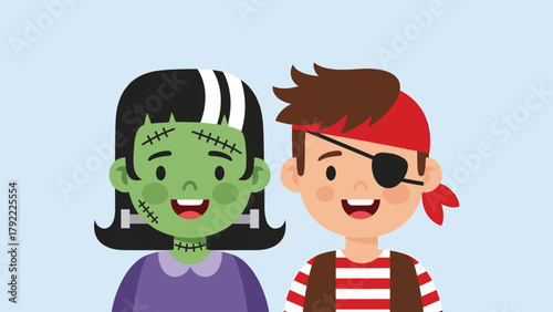 Happy Cartoon Kids in Halloween Costumes: Frankenstein's Monster Girl and Pirate Boy, Isolated Vector Illustration for Spooky Celebrations and Fun