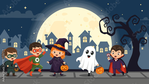 Happy Kids Trick-or-Treating on Halloween Night in Fun Costumes, Silhouetted Town and Full Moon Background