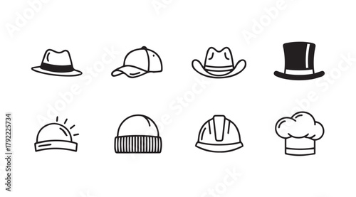 Collection of diverse headwear icons in a simple black and white silhouette style