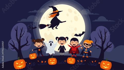 Happy Halloween Celebration with Costumed Kids and Jack-o'-Lanterns Under a Spooky Full Moon