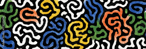 Patrón abstracto de líneas orgánicas y sinuosas en colores vibrantes sobre fondo negro.