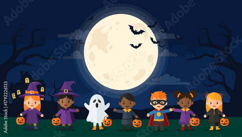 Group of Diverse Children in Halloween Costumes Trick-or-Treating at Night Under a Full Moon and Bats