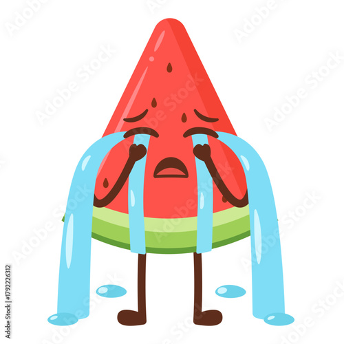 Crying Watermelon Slice Cartoon Character Flat Illustration