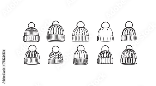 Collection of hand drawn winter knit hats in a clean silhouette style