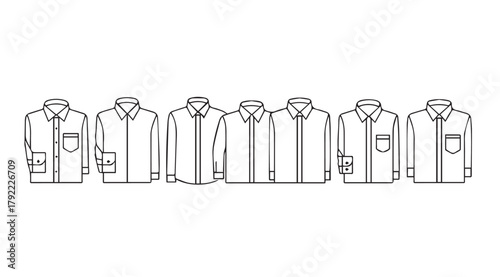 Row of six identical white shirts in a simple line drawing silhouette