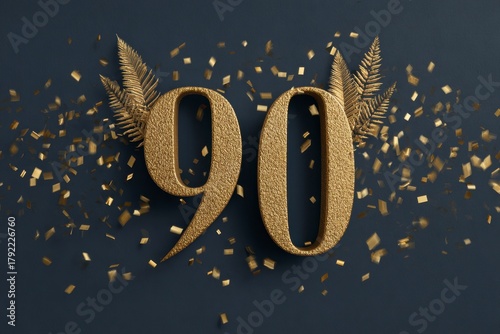 Golden 90th Birthday Celebration with Confetti and Fern Leaves