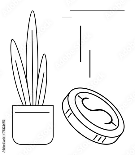 Plant in pot beside a coin with dollar sign and falling line elements, symbolizing financial growth, saving, investment, sustainability, economy, profit, and future prosperity. Simple flat metaphor