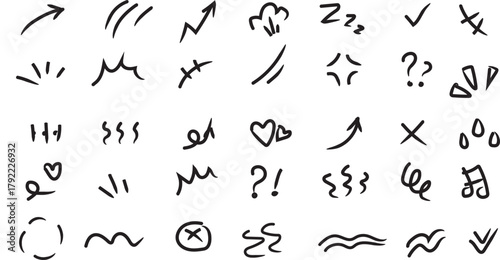 Hand Drawn Cartoon Motion Lines – Doodle Effect Elements, Arrows, Sparkles, and Anime Expression Vector Illustration