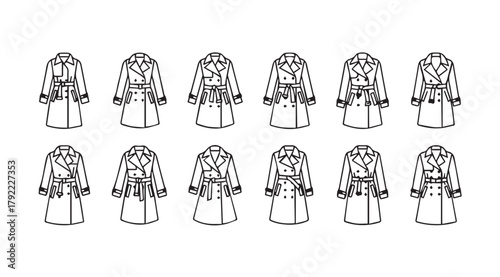 Collection of hand drawn trench coat fashion illustrations in a repeating pattern silhouette