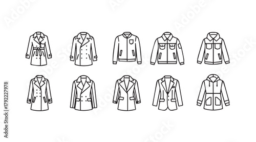 Collection of ten different coat styles in a simple black and white silhouette illustration silhouette
