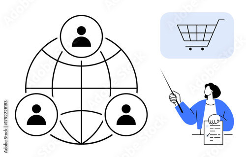 Outline of interconnected users in a network, a shopping cart, and a person giving a presentation. Ideal for teamwork, e-commerce, online education, marketing strategy, global outreach, network