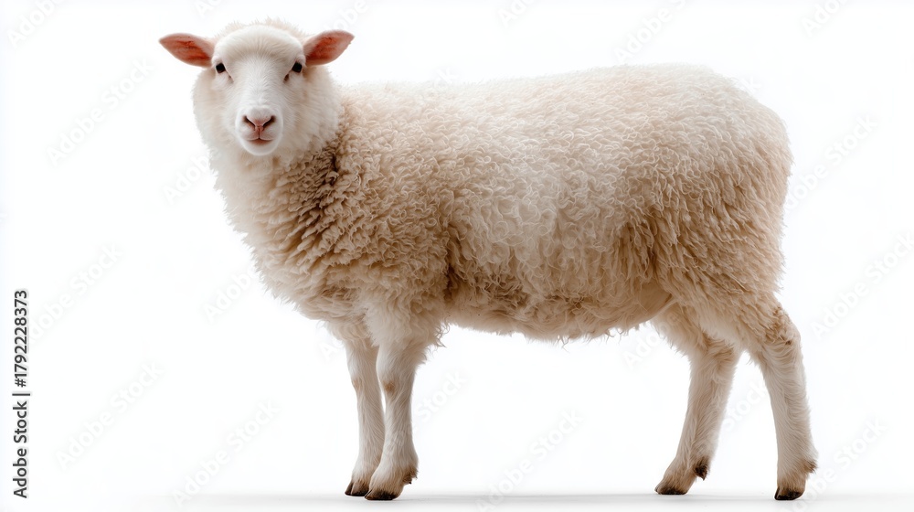Obraz premium Healthy white sheep standing on a plain background during daylight