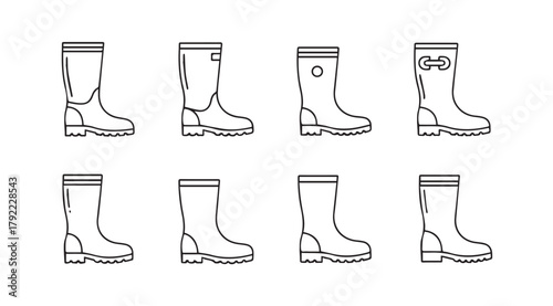 Collection of eight different styles of rain boots silhouette