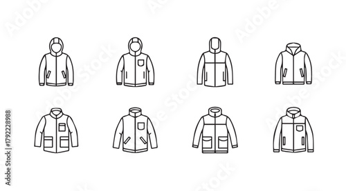 Collection of eight distinct jacket and coat silhouettes with different styles and features silhouette