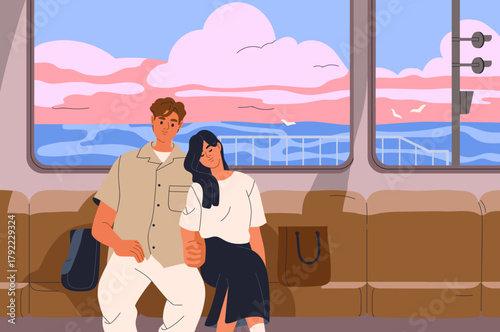 Train travel. Couple in railway journey. Man and woman passengers, tourists sitting by window on early morning trip with sea landscape, seascape outside from public transport. Flat vector illustration