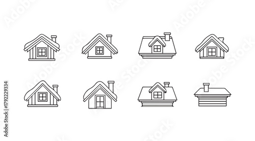 Collection of simple line art house silhouettes with different roof styles silhouette