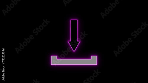 Futuristic neon download icon in magenta and white animation on black background.