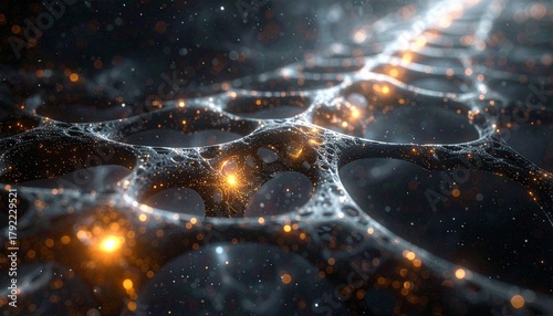 The underlying structure of spacetime, visualized as a delicate, dark lattice of energy. At each intersection, a tiny, bright singularity pulses, connected by faint threads of light.