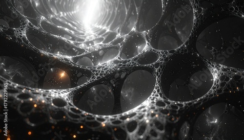 The underlying structure of spacetime, visualized as a delicate, dark lattice of energy. At each intersection, a tiny, bright singularity pulses, connected by faint threads of light.