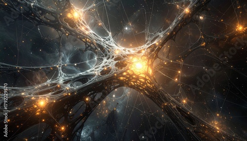 The underlying structure of spacetime, visualized as a delicate, dark lattice of energy. At each intersection, a tiny, bright singularity pulses, connected by faint threads of light.