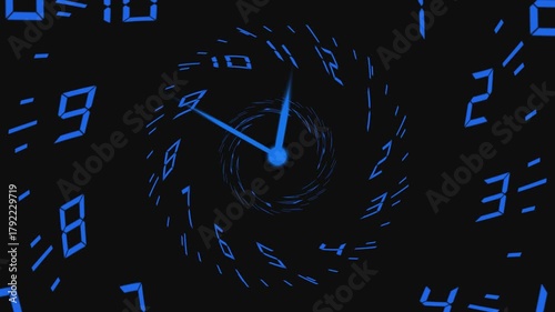 Abstract Blue Digital Clock Numbers Swirling into a Vortex with Glowing Center time animation. Digital blue clock digits swirling in vortex, glowing center, animated abstract time visualization.