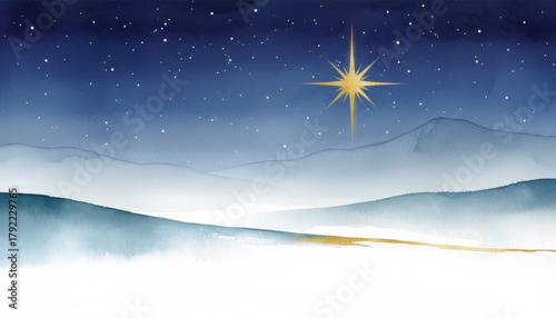 The Star of Bethlehem shines in a starry night sky over a peaceful, snowy landscape. Minimalist watercolor background for Christmas and Christian holidays.

