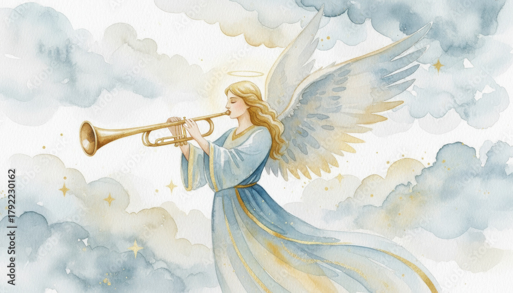 Naklejka premium Beautiful watercolor angel with a halo and large wings, playing a golden trumpet in the clouds. A heavenly and spiritual Christian illustration for Christmas or Easter.