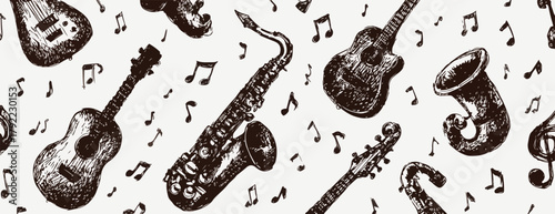 Patrón sin fisuras de instrumentos musicales dibujados a mano y notas musicales sobre fondo claro.