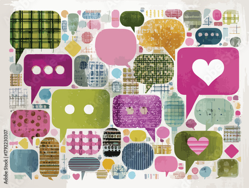 Collage vibrante de burbujas de diálogo y pensamiento con diversos patrones y colores, representando comunicación y expresión.