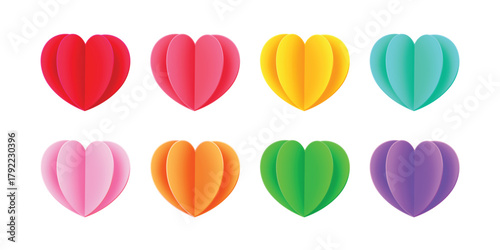 A set of eight vibrant, layered paper-cut style heart icons, ideal for conveying love, romance, and holiday greetings.