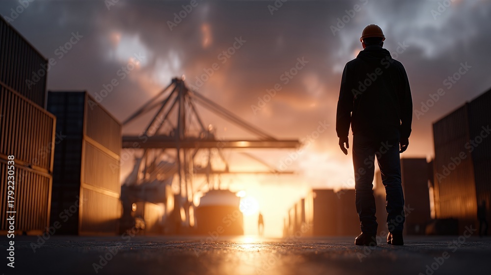 Fototapeta premium Silhouette Of Port Worker Standing Among Shipping Containers At Sunrise. Industrial Scene With Cranes And Cargo Terminal At Golden Hour. Maritime Logistics Theme