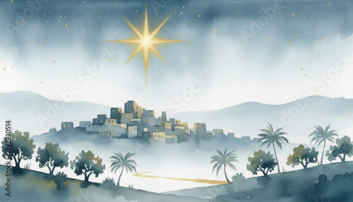 The Star of Bethlehem shines over the ancient biblical town. A peaceful watercolor landscape of the Christmas nativity scene.
