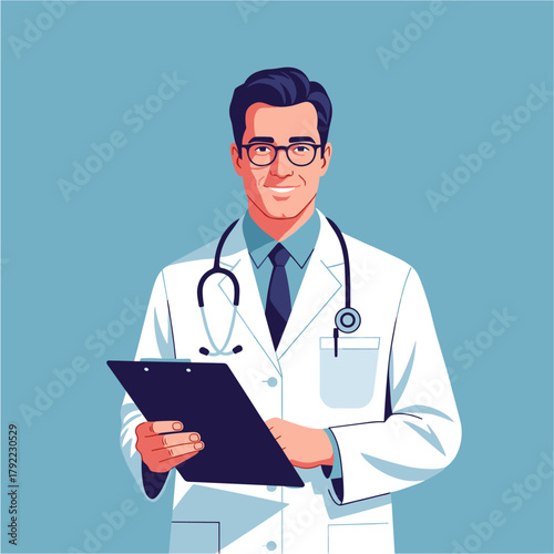 Confident Male Doctor Holding Clipboard Illustration