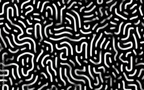 Patrón abstracto de líneas blancas orgánicas y entrelazadas sobre un fondo oscuro, simulando estructuras laberínticas o de reacción-difusión.