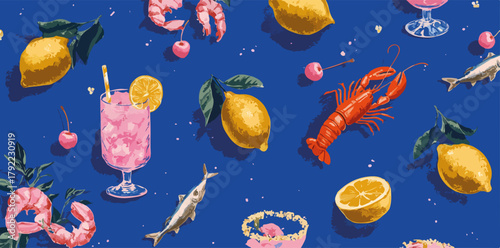 Patrón vibrante de mariscos, limones y cócteles rosados sobre un fondo azul oscuro, con camarones, langosta y peces pequeños, evocando una atmósfera festiva y veraniega.