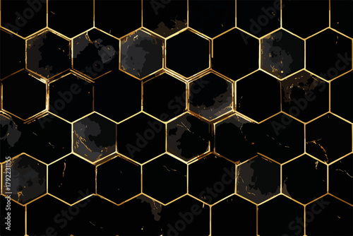 Patrón abstracto de hexágonos dorados sobre fondo negro con textura de mármol.