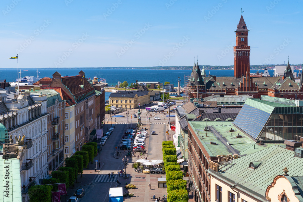 Naklejka premium View of the City Hall of Helsingborg city an strait Oresund between Sweden and Denmark