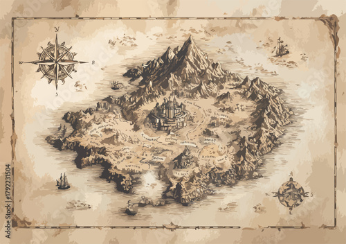 Antiguo mapa de fantasía de una isla con montañas, castillos y barcos.