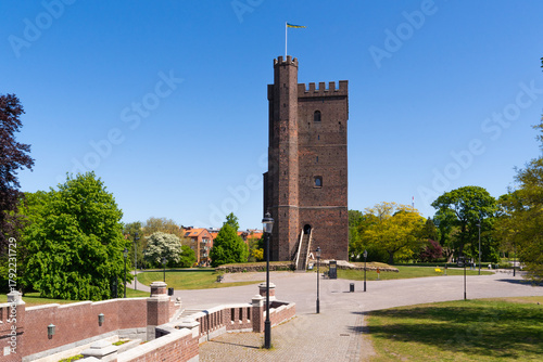 View of Karnan tower and park nearby in Helsingborg, Sweden