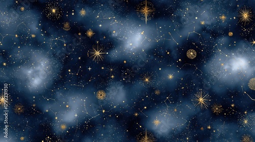 Gold Stars And Constellations On Dark Cloudy Sky. Cosmic Background For Astrological, Celestial, Or Fantasy Designs With Mystical And Elegant Appeal