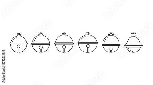 Row of six hand drawn outline christmas jingle bells silhouette