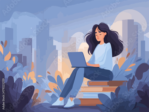 Mujer joven sentada sobre libros usando laptop con paisaje urbano y naturaleza.