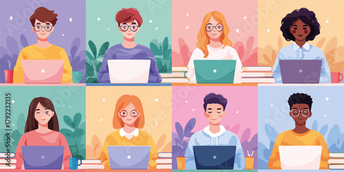 Ilustración de un grupo diverso de ocho personas, hombres y mujeres, trabajando en sus laptops en un entorno de videollamada o trabajo remoto.