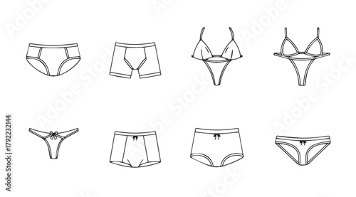 Collection of black and white line art sketches of various underwear and swimwear styles silhouette