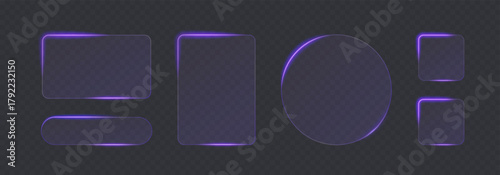 Light frame liquid glass button set for mobile and web app, tech board frame in futuristic style. Purple HUD interface, vector illustration. Light glass png banner collection with glow effect.