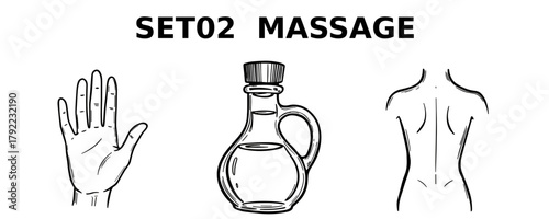 Hand, oil bottle, and back illustration for massage therapy  