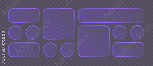 Liquid glass UI elements with neon purple glow on transparent background in clean minimal style. Perfect for Tech Interfaces, App Design, and Web Layouts. Vector Illustration.