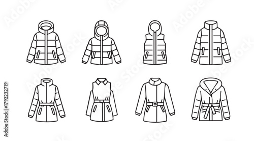Collection of eight different winter coat styles in a clean black and white silhouette